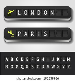 Vector airport flip board isolated. Realistic flip scoreboard airport template. Black 3d airport board with alphabet and numbers. Analog airport board font on background. Destination airline board eps