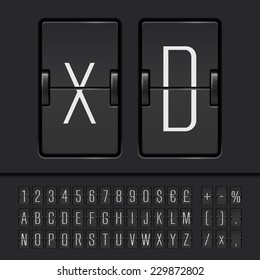 Vector airport font. Realistic flip score board airport template. Airport countdown board alphabet and numbers. Departure analog airport board font on dark background. Arrival airline board abc