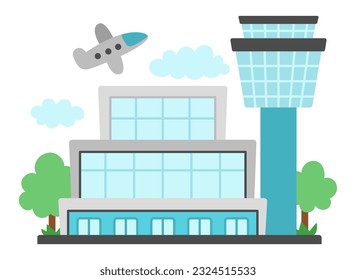 Vektorsymbol des Flughafens. Clipkunst für den Luftport mit Dispatcher oder Kontrollturm, Flugzeug, Gebäude, Wolken. Flugterminal-Illustration. Nahverkehrsort. Zielort für den öffentlichen Nahverkehr
