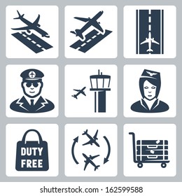 Vector airport icons set: landing, takeoff, runway, pilot, airfield control tower,  stewardess, shopping bag 'duty free', transfer, luggage cart