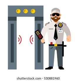 Vector airport metal detector gate and Security man. Flat style colorful Cartoon illustration.