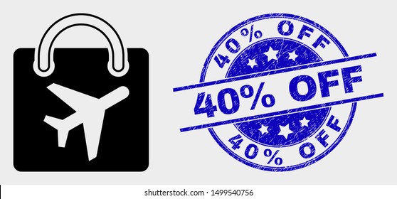Vector airport shopping bag pictogram and 40% Off seal stamp. Red round distress seal stamp with 40% Off text. Vector combination in flat style. Black isolated airport shopping bag symbol.