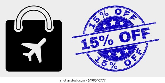 Vector airport shopping bag pictogram and 15% Off seal. Red rounded textured seal stamp with 15% Off text. Vector combination in flat style. Black isolated airport shopping bag pictogram.
