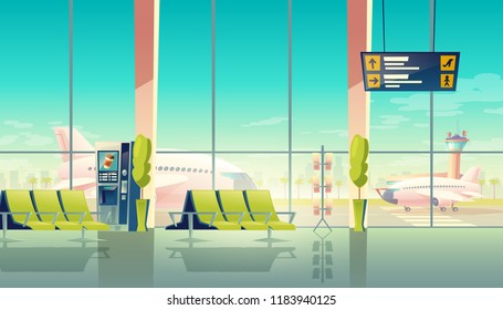 Vector airport waiting hall - big windows, seats and airplanes on the airfield. Travel concept. Empty international terminal, lounge with chairs and digital screen, departures and arrivals schedule