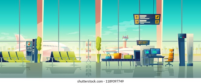 Vector Airport Waiting Hall With Security Control. Big Windows, Seats And Digital Screen, Departures And Arrivals Schedule. X-ray Examination Of Baggage. Empty International Terminal, Metal Detector.