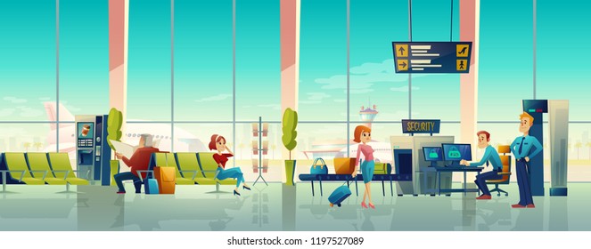 Vector airport waiting hall, security control with customs and passengers. Digital screen - departures and arrivals schedule in international terminal. Metal detector for X-ray examination of baggage