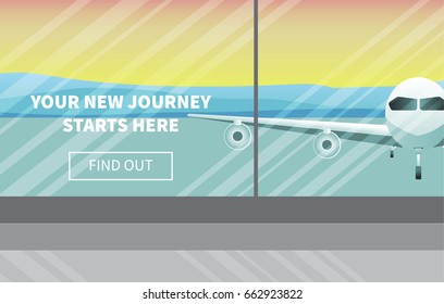 Vector airport window advertisement banner. Landscape and plane are seen behind. Copyspace on the left. Flat style cartoon illustration