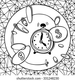 Vector alarm clock. Black and white Illustration.Isolated.