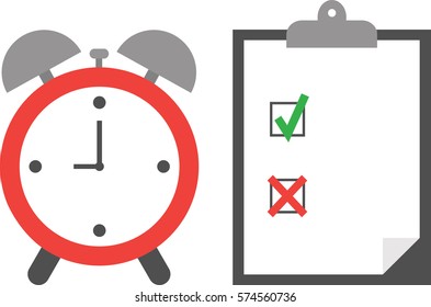 Vector of an alarm clock with clipboard and paper include boxes and green check mark and red x mark.