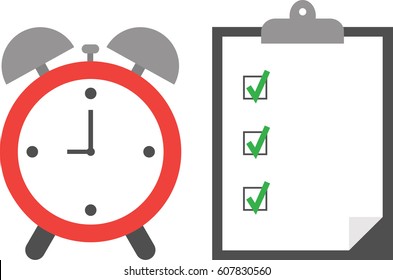 Vector of an alarm clock with clipboard and paper include boxes and green check marks.