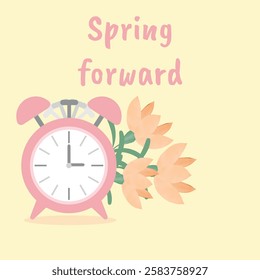 Vector alarm clock, daylight saving time clock isolated on pink background with flowers. Inscription. Suitable for cards, invitations, congratulations