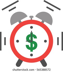 Vector of an alarm clock with green dollar shaking and ringing at 9:00.