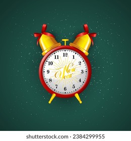 Vector alarm clock Happy New Year and golden bells on a green background.