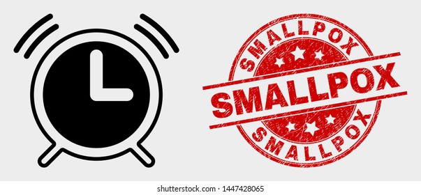 Vector alarm clock pictogram and Smallpox seal stamp. Red rounded scratched stamp with Smallpox text. Vector composition for alarm clock in flat style. Black isolated alarm clock pictogram.