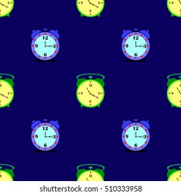 Vector Alarm Clock Seamless Pattern on Blue Background