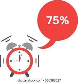 Vector of an alarm clock shaking and ringing with speech bubble and 75 percent.