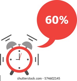 Vector of an alarm clock shaking and ringing with speech bubble and 60 percent.