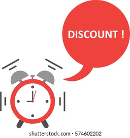 Vector of an alarm clock shaking and ringing with speech bubble and discount text.