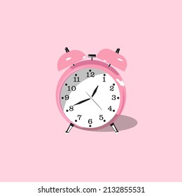 Vector alarm clock showing the time at 13:40 on a pastel pink background. Minimalist concept. 