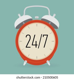 Vector alarm clock with twenty four seven service on it | Round the clock service illustration | Always open
