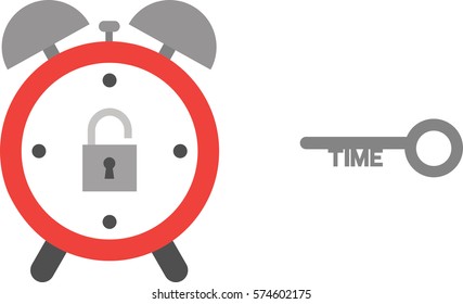 Vector of an alarm clock with unlocked padlock and time key.
