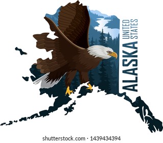 vector Alaska - American state map with bald eagle