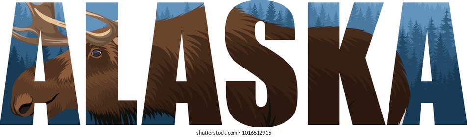 vector Alaska - American state word with moose bull and mountains woodland forest