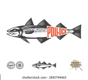 Vektor-Alaska-Pollock-Etikett einzeln auf weißem Hintergrund. Pollock Fisch-Illustration