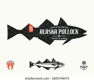 Pollock-Label von Vector Alaska. Etikett der Seafood-Boutique, Design-Elemente und Emblem-Vorlage