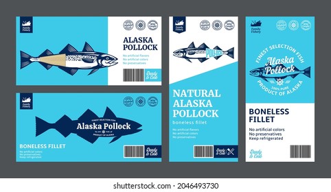 Vector Alaska pollock labels and packaging design concepts. Alaska pollock fish illustrations