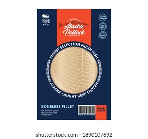 Vector Alaska Pollock Packaging Design Concept. Modern Style Seafood Packaging Illustration. Alaska Pollock Fillet In A Package Isolated On A White Background