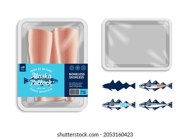 Vector Alaska Pollock Verpackungsdesign. Flatstyle-Label für Meeresfrüchte. Illustrationen von Alaska-Pollock-Fischen. Weißer Frotteppich