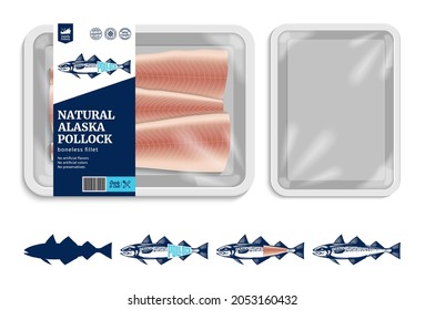 Vector Alaska, ilustración de embalajes de pollock con etiqueta de marisco de estilo plano y filete de pescado. Ilustraciones de peces de pollock de Alaska y simulación de bandeja de comida