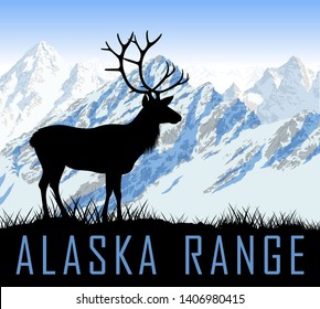 vector alaska range mountains lake with raindeer