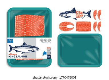 Vector Alaskan king salmon packaging illustration. Salmon steak and fillet. Teal color foam tray with plastic film mockup
