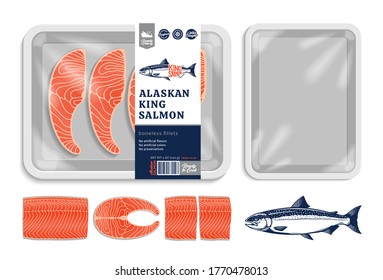 Vector Alaskan king salmon packaging illustration. Salmon steak and fillet. White foam tray with plastic film mockup. Modern style seafood label