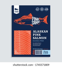 Vector Alaskan pink (humpback) salmon packaging design concept. Modern style seafood illustration. Raw salmon fillet in a blue package on a grey background