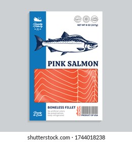 Vector Alaskan pink salmon packaging design concept. Modern style seafood illustration. Raw salmon slices in a package on a grey background