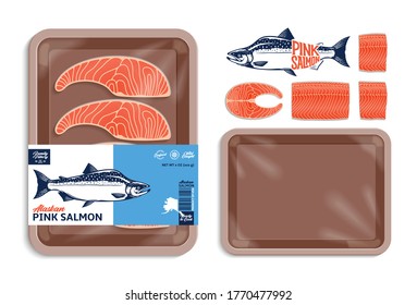 Vector Alaskan rosafarbene Lachsverpackung Illustration. Lachssteak und -filet. Brauner Schaumbeutel mit Plastikfilm-Muster. Modernes Label für Meeresfrüchte
