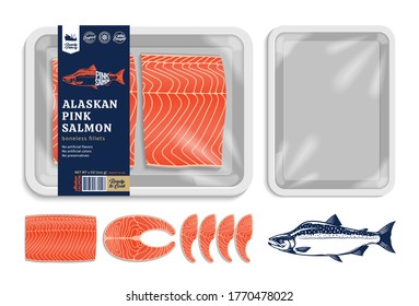 Vector Alaskan pink salmon packaging illustration. Salmon steak and fillet. White foam tray with plastic film mockup. Modern style seafood label