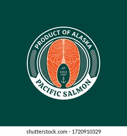 Vector Alaskan salmon logo on a green background. Atlantic, chinook, sockeye or pink salmon raw steak illustrations