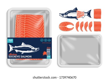 Vector Alaskan sockeye salmon packaging illustration. White foam tray with plastic film mockup. Modern style seafood label for groceries, fisheries, packaging, and advertising