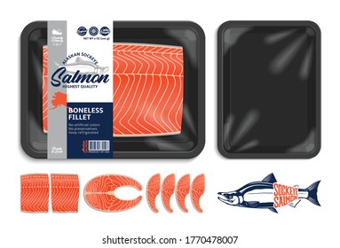 Vector Alaskan sockeye salmon packaging illustration. Black foam tray with plastic film mockup. Salmon steak and fillet