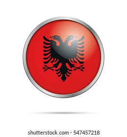 Flag-Button für Vektor-Albaner. Albanien Flaggenglas-Stil mit Metallrahmen.