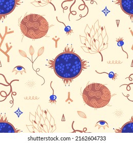 Vector alchemical floral seamless pattern. Mysterious witch flowers. Repeating background with magic plants in blue and brown colors. Hand drawn style. Wallpaper, wrapping paper, textile