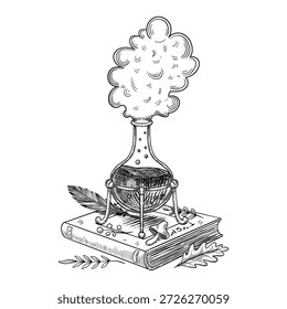 Vector alchemy flask standing on old book in graphic style. Linear illustration with Potion and leaves for occult fantasy scenes, magic themes, tarot designs, posters, prints, tattoos and mystical art
