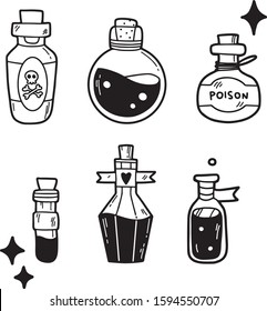 Vector alchemy magic set of different glass bottles and love potion. Hand drawn illustration, flat and cartoon style. For stickers, cards, tattoo, print design, badges.