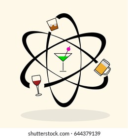 Vector alcohol in atom. Logotoip of bar, beer, whisky, wine, cocktail, minimalism, sign