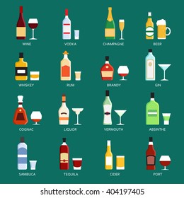 Vector alcohol bottles collection icons illustration. Vodka champagne wine whiskey beer brandy tequila cognac liquor martini vermouth gin rum absinthe sambuca cider port. 