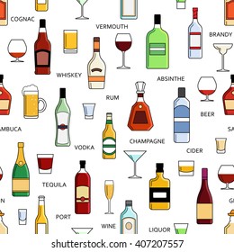 Vector alcohol bottles collection seamless pattern illustration. Vodka champagne wine whiskey beer brandy tequila cognac liquor martini vermouth gin rum absinthe sambuca cider port. 